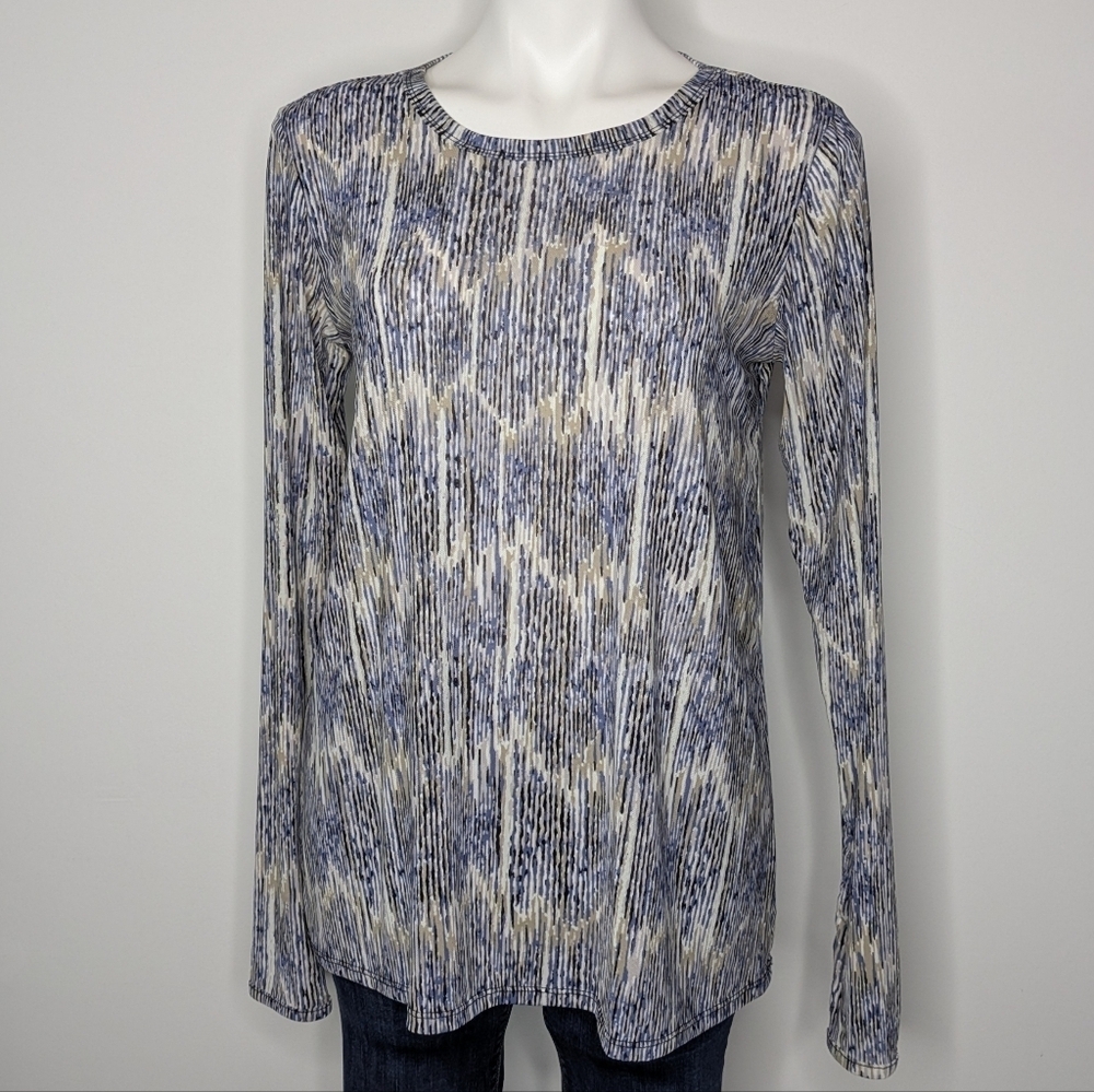 LOGO Layers Blue Tan White Sheer Mesh Long Sleeve Top S